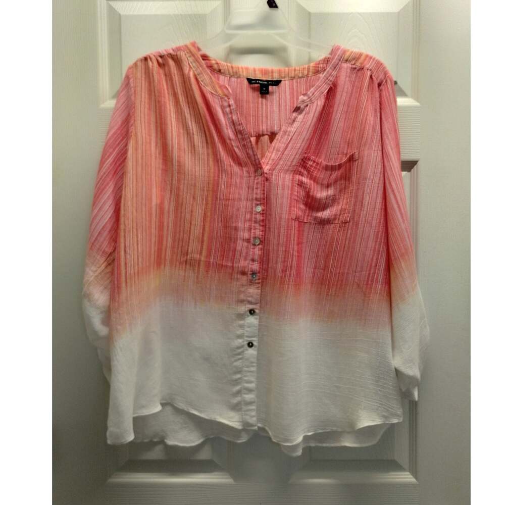 Zac & Rachel Size 1X Orange Pink Ombre Striped Button-Up Roll-Tab Sleeves Top